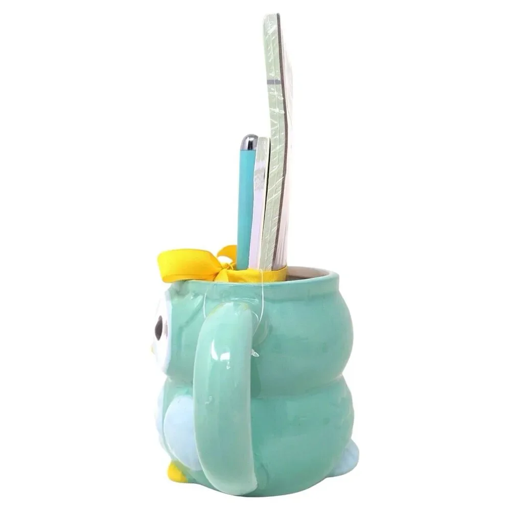 OWL Modern Expressions Green/Blue 3D Mug Cup 16 oz STATIONERY Notes Pen Set NEW